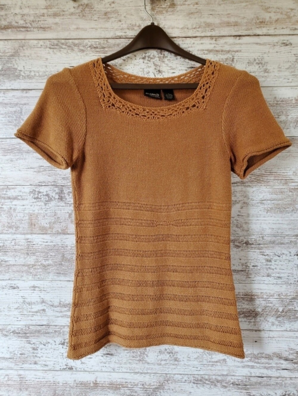 Guide Series Toffee Brown Knit Short Sleeve Top Crochet Neck Fall Autumn
